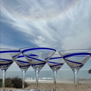 Set of 6 Hand Blown Blue Rim Martini/Margarita Glasses From Mexico.